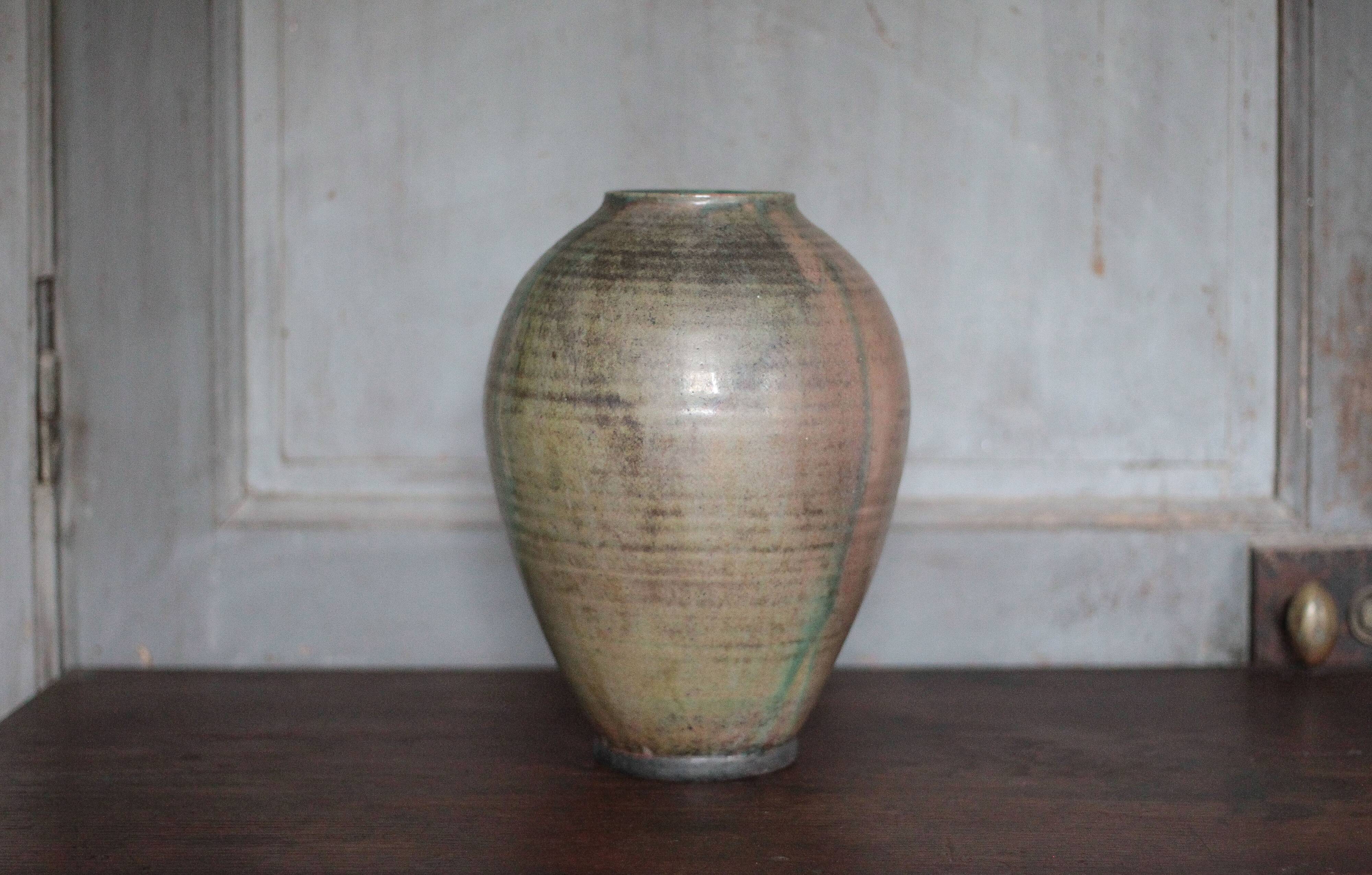 Glazed green ceramic vase signed AB, pottery, flower pot, vase.