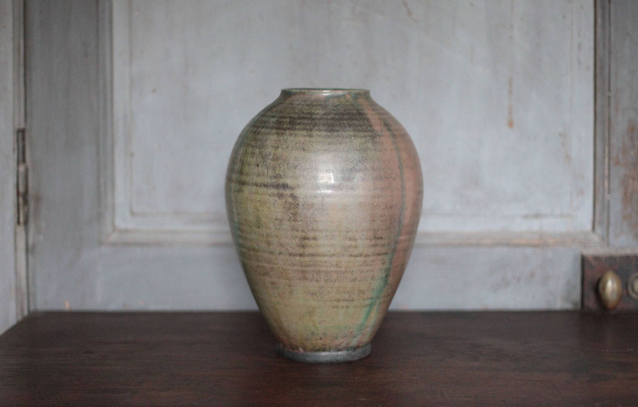 Glazed green ceramic vase signed AB, pottery, flower pot, vase.