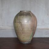 Glazed green ceramic vase signed AB, pottery, flower pot, vase.
