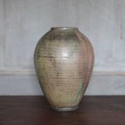 Glazed green ceramic vase signed AB, pottery, flower pot, vase.