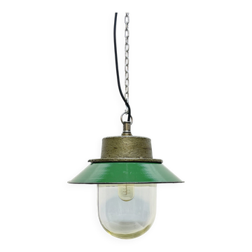 Industrial enamel green  lamp with glass , Poland, 1960s
