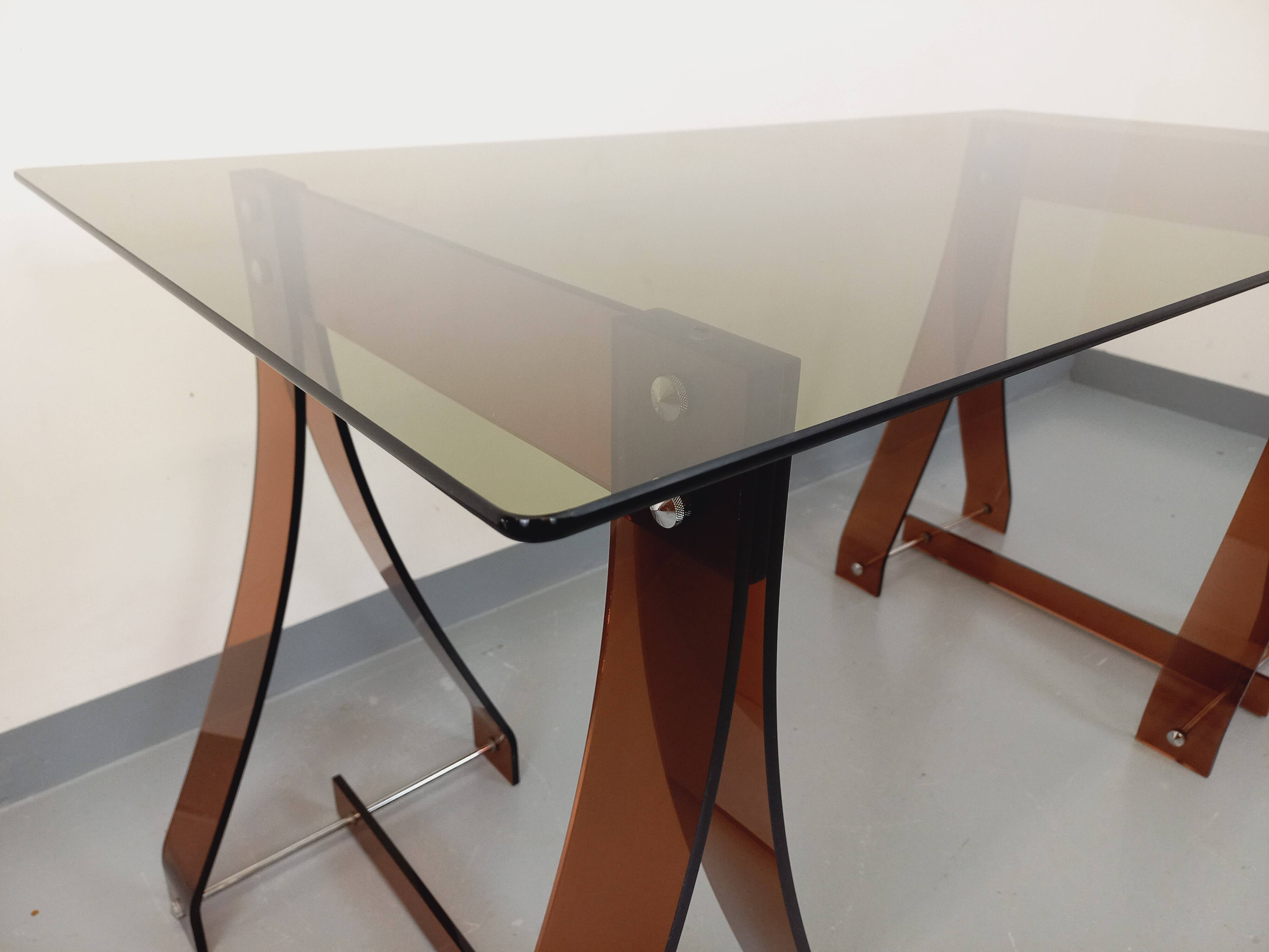 Vintage Marcello Gacita and Pierre Tiberi desk in smoked glass and plexiglass