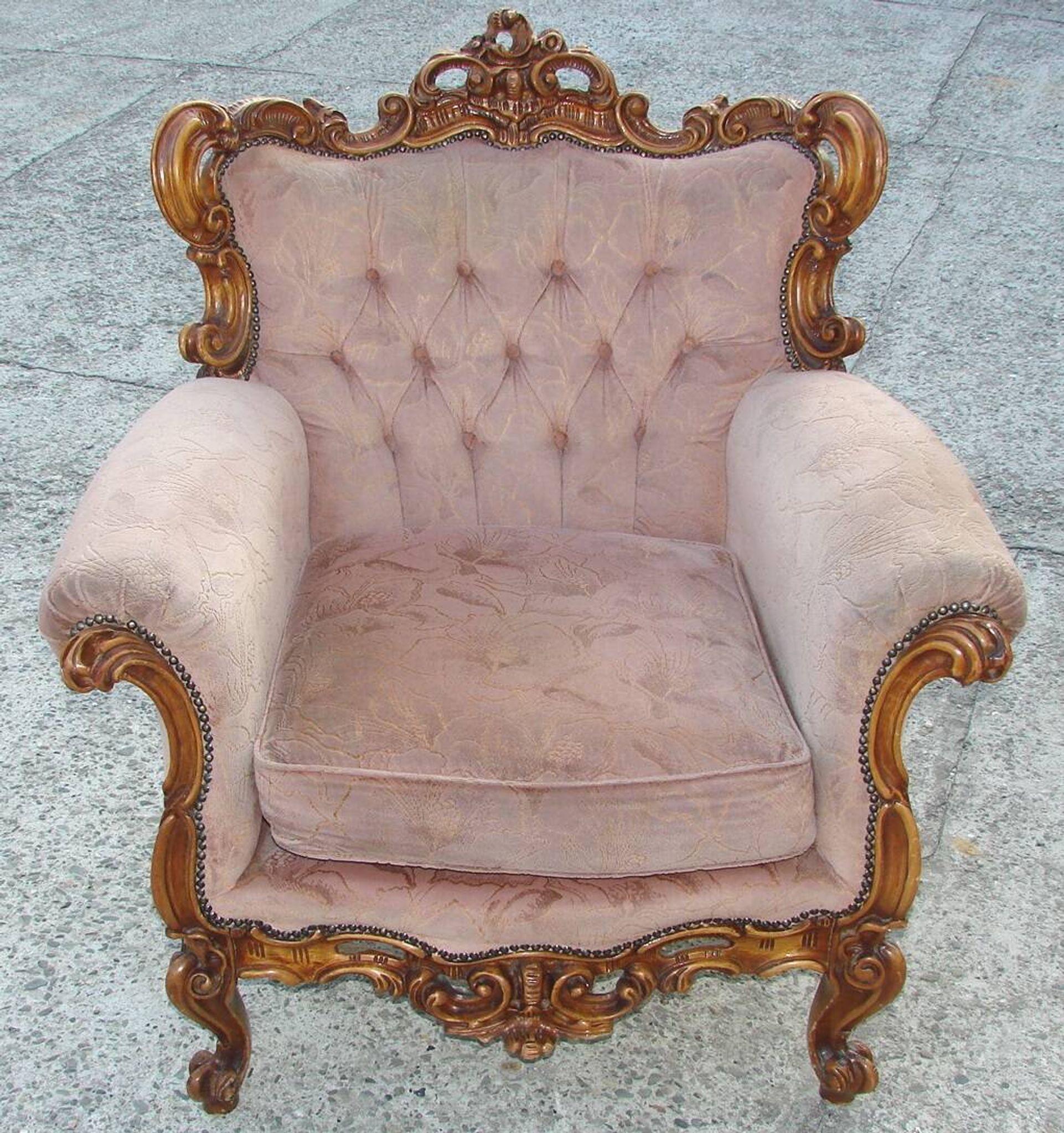 Vintage French armchair, 1960s, carved wood, springs