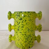 Handmade green speckled yellow ceramic vase with abstract handles