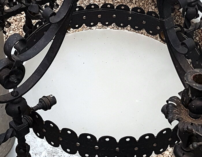 Imposing gothic lustre in wrought iron black laqué 185cm - 2 large candelabras