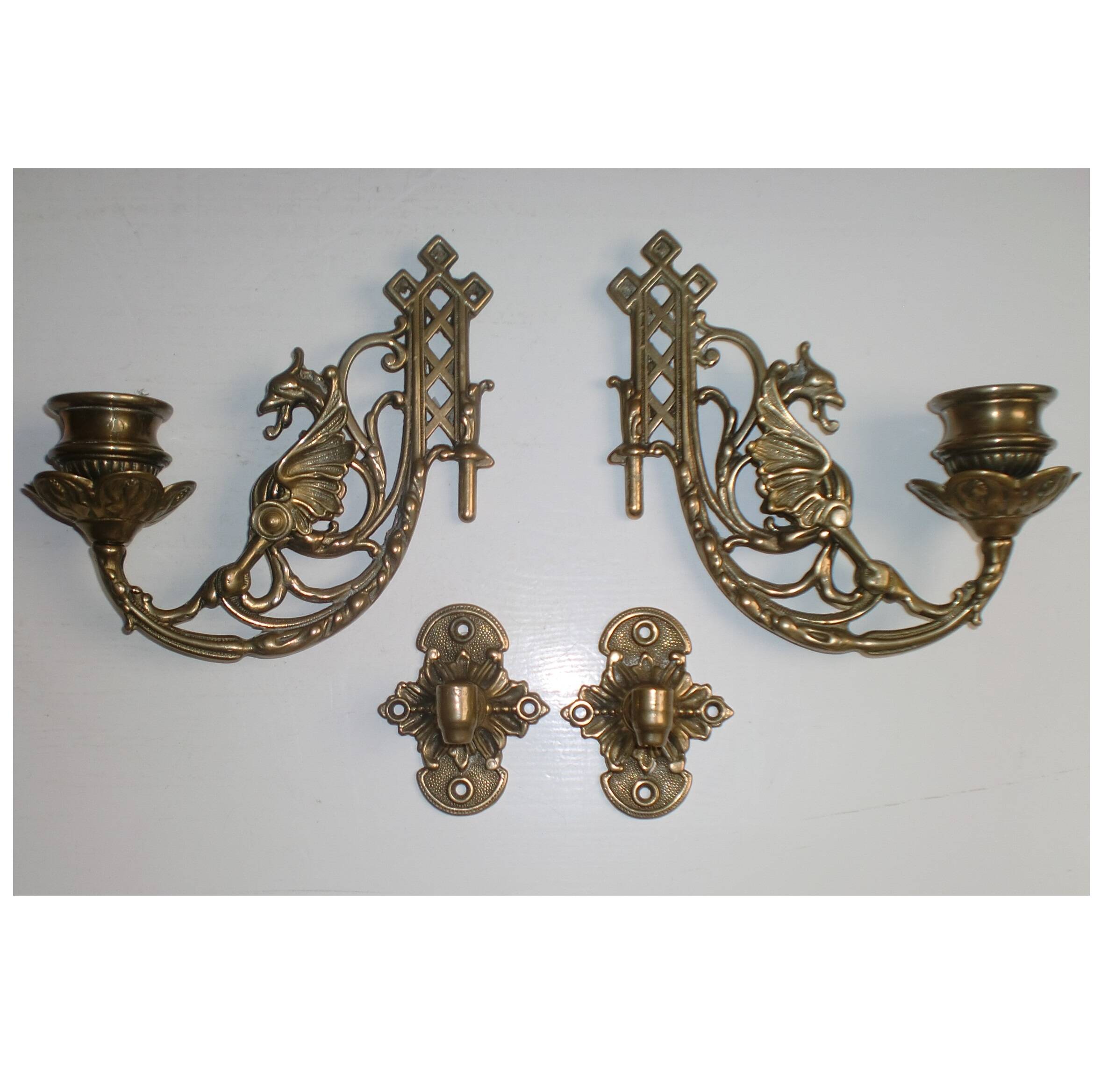 2x Art Nouveau Swivel Arm Piano or Wall Candle Holders Brass Dragon Griffin