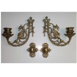 2x Art Nouveau Swivel Arm Piano or Wall Candle Holders Brass Dragon Griffin
