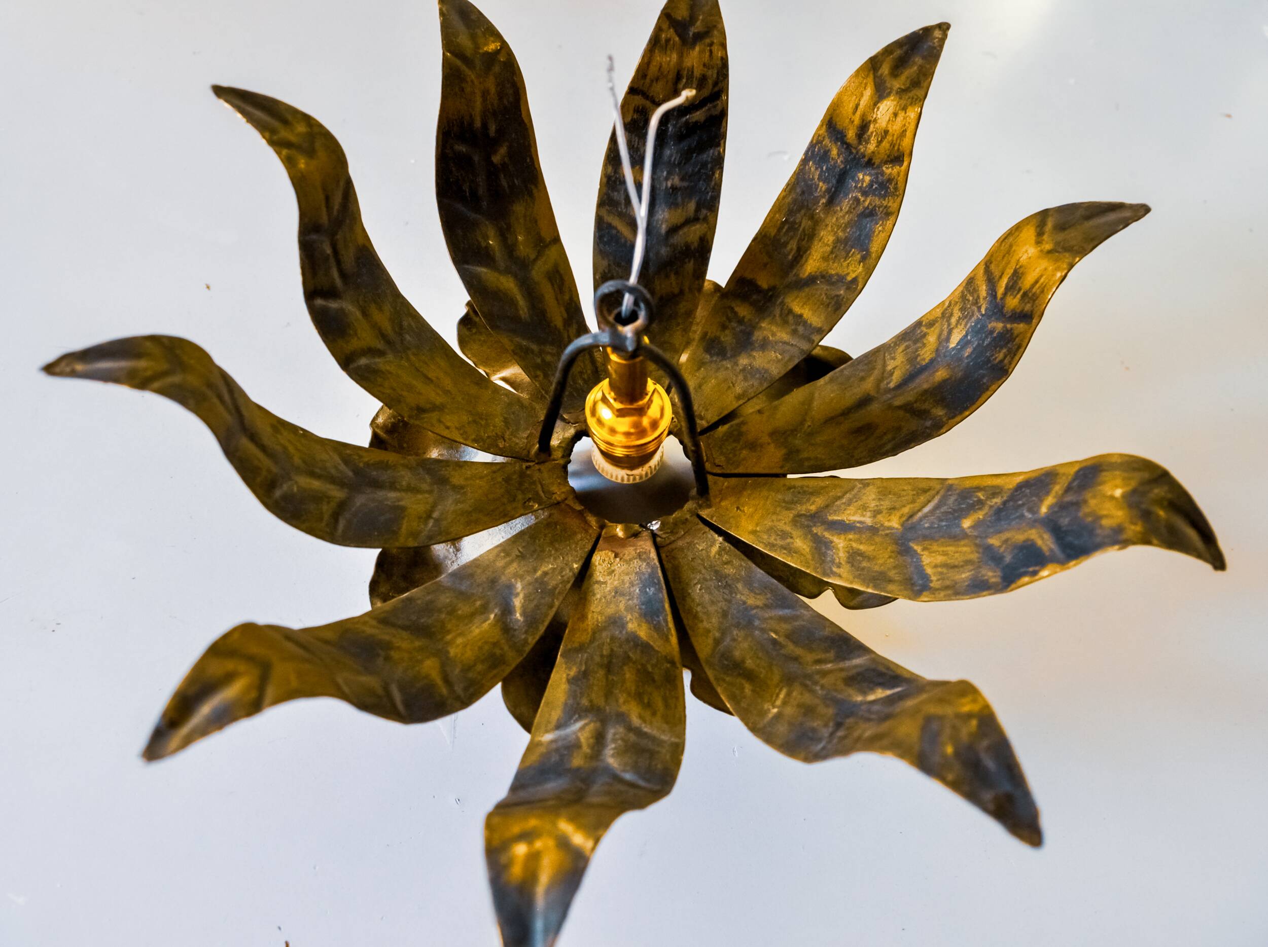 Sun wall lamp by ferro arte, metal and gold leaf, Spain, 1960