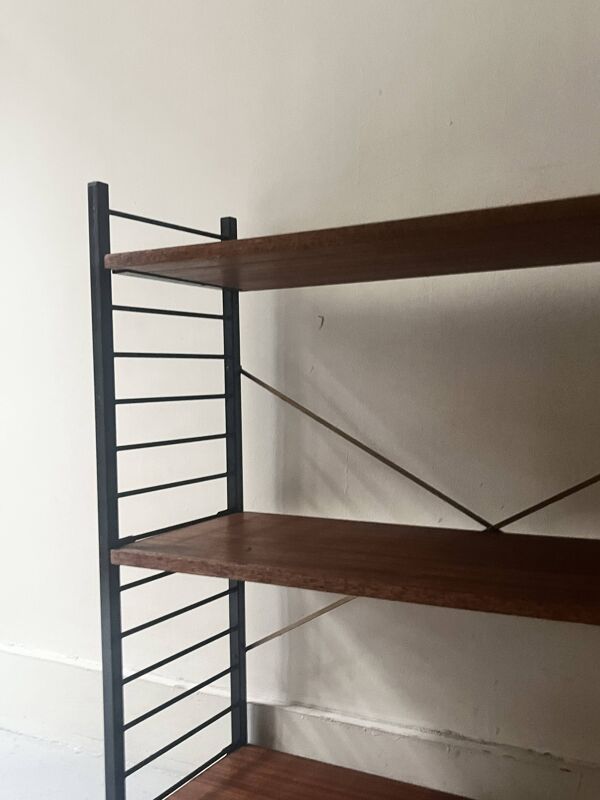 Bibliotheque filaire métal et bois, design 1960