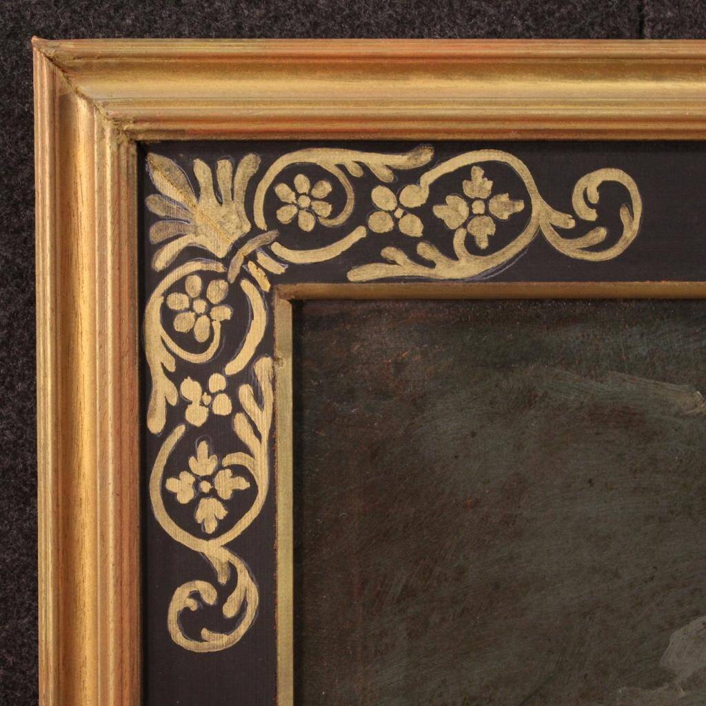 Peinture antique française paysage avec chien