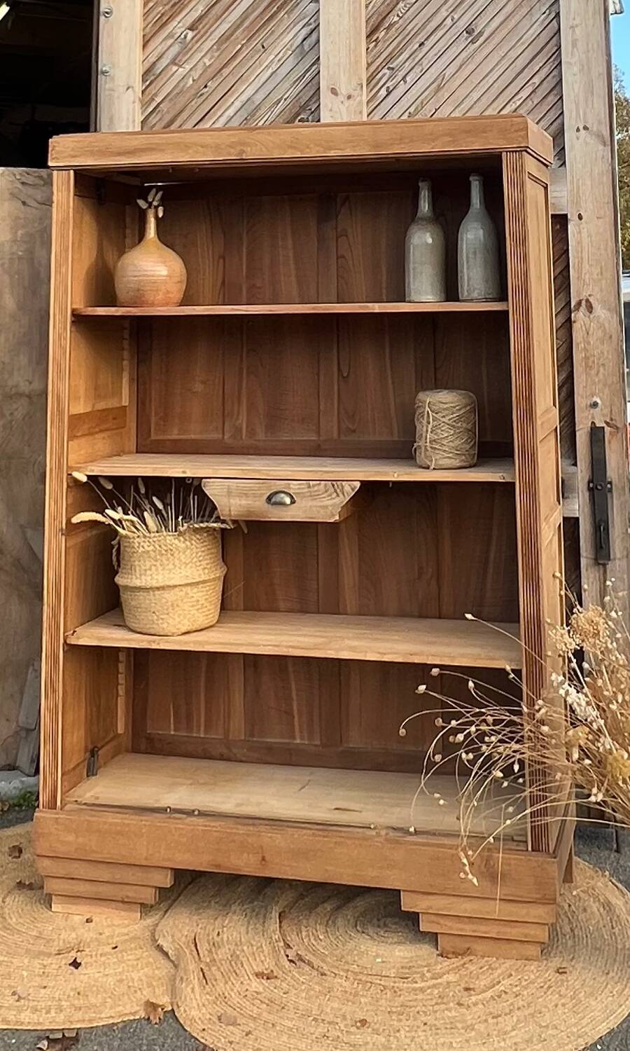 Large antique bookcase in raw solid oak