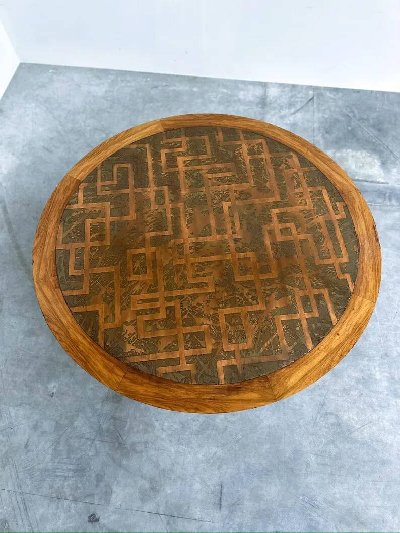 Vintage Wooden Coffee Table with Engraved Brass Top – 1970s