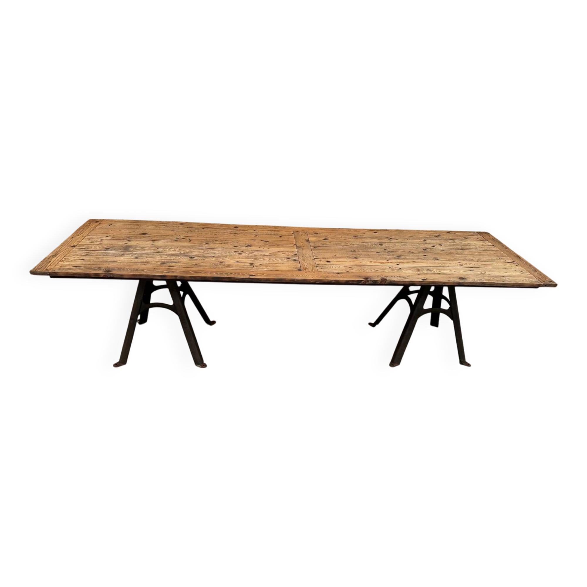 Large table for 10 people - 3m long - antique top / industrial legs