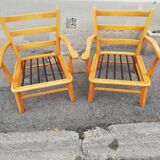 Pair of vintage pastel green fabric armchairs