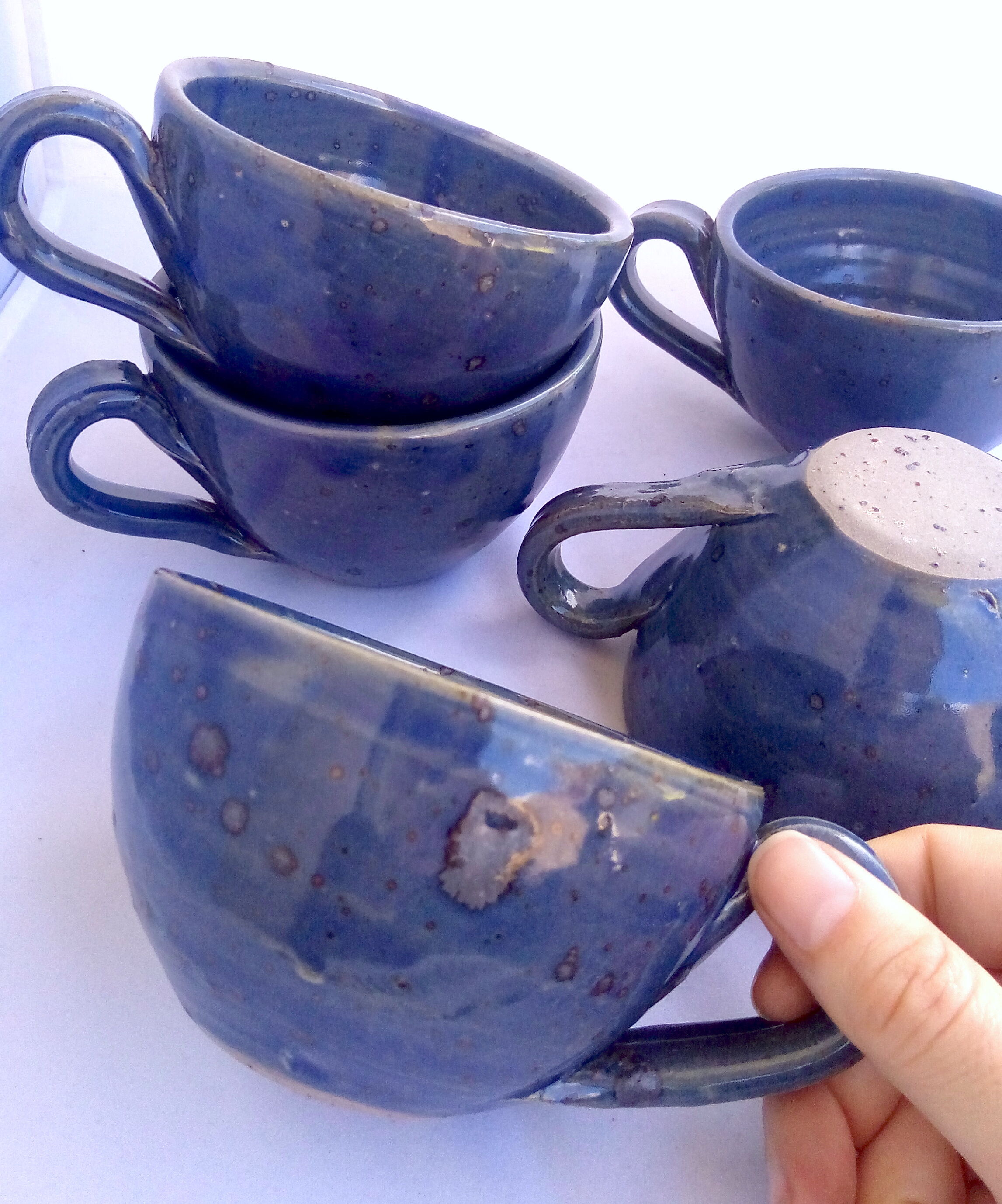 Lot of 6 cups in oceanic blue sandstone