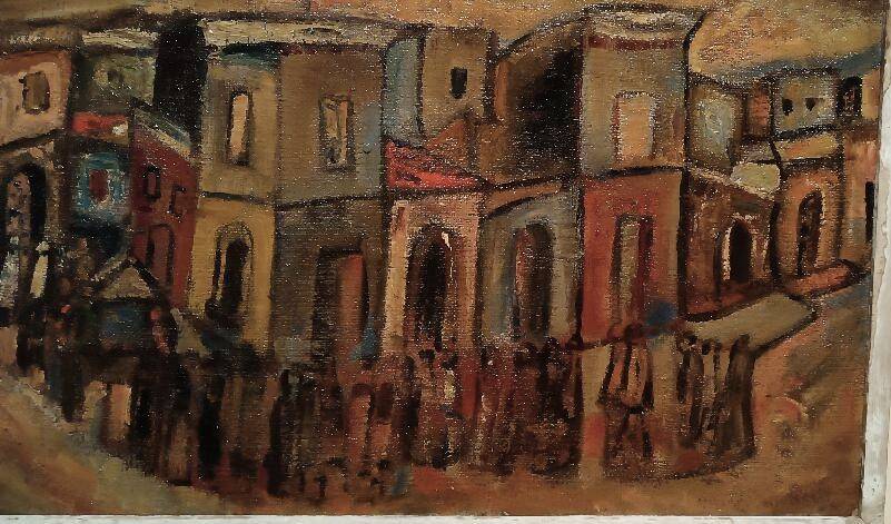 Oil on canvas "Funerals in Syracuse" by Ferruccio Ferri - Exhibition Gulf of La Spezia, 1940s