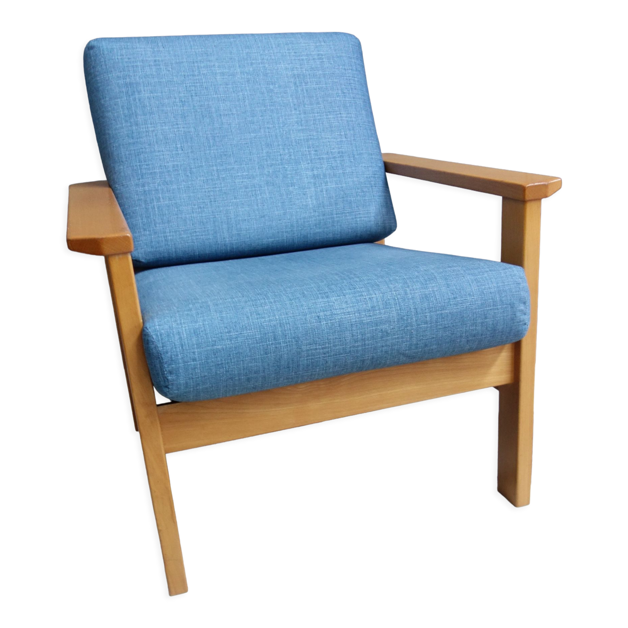 Blue fabric easy chair  in blonde wood frame 1960s
