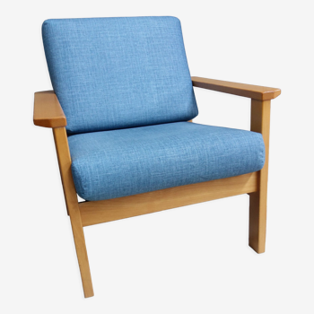 Blue fabric easy chair  in blonde wood frame 1960s