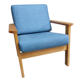 Fauteuil en tissu bleu dans cadre en bois blond années 1960