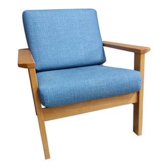 Blue fabric easy chair  in blonde wood frame 1960s