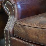 Set of 2 Cognac Brown Grained Cowhide Leather Chesterfield Armchairs