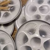 8 white/grey-blue shell/oyster plates, Moulin des Loups Orchies, France