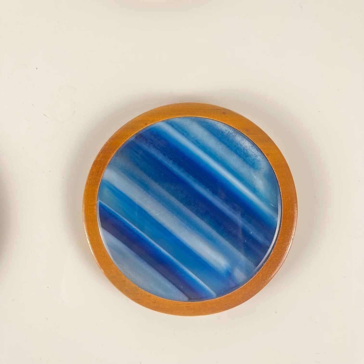 Set of 6 blue agate and wood coasters, mid-century modern.