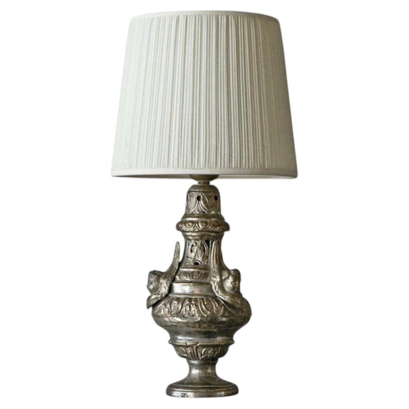 Antique Table Lamp in Patinated Brass and Silver, 19th Century