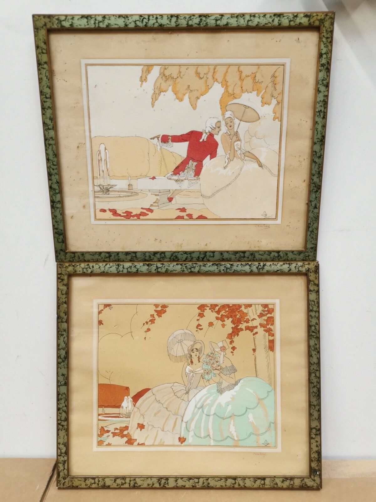 Pair of old frames watercolor drawings signed lamber lambery ? romantic