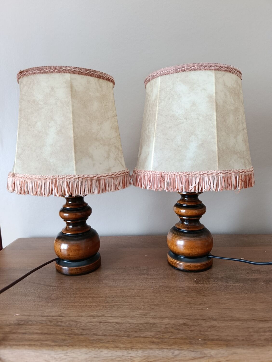 Two wooden bedside lamps, pagoda lampshades imitation leather, rustic chic.