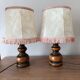 Two wooden bedside lamps, pagoda lampshades imitation leather, rustic chic.