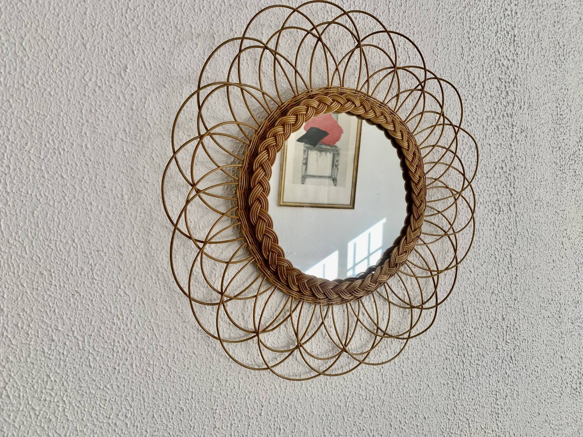 Vintage 1960s sunburst flower rattan wicker French Riviera mirror - 49 cm