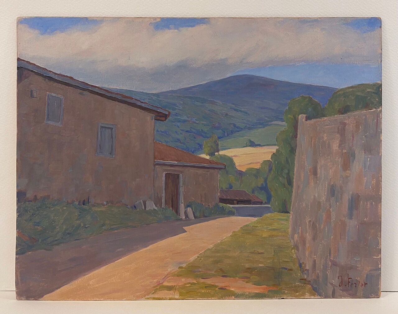 Old painting, Landscape Monts du Lyonnais, signed and dated 1946