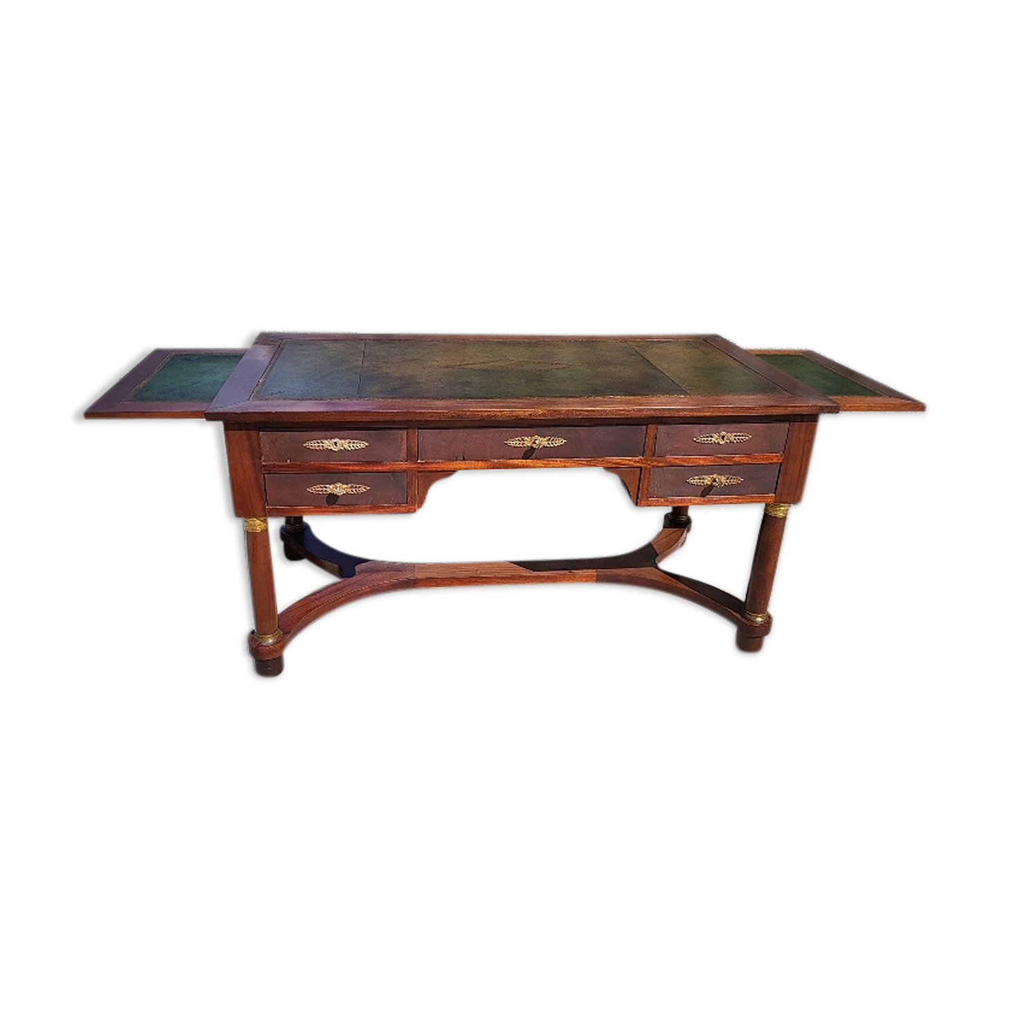 Bureau style empire double face en acajou 5 tiroirs 2 tirettes plateau cuir