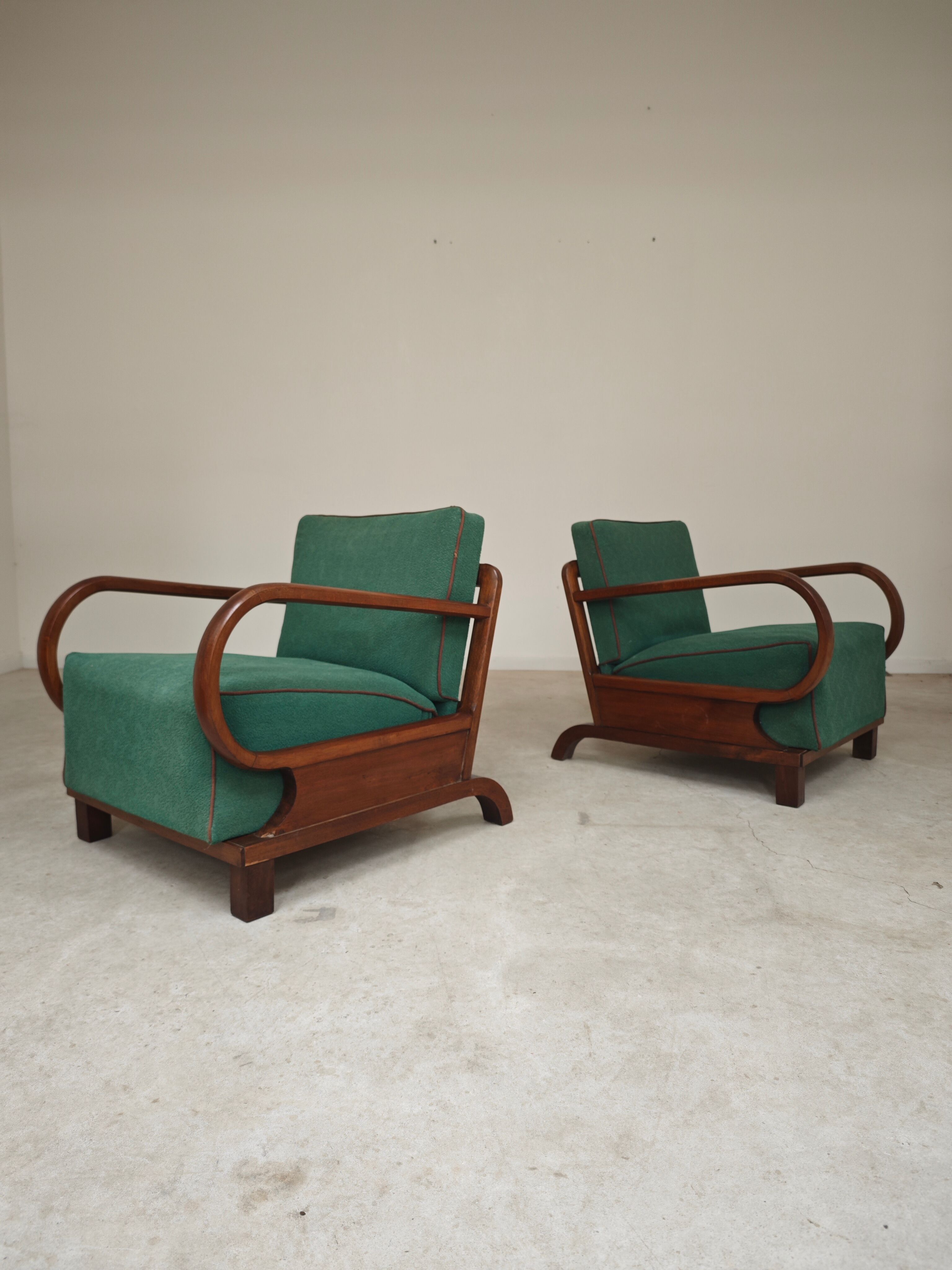 Paire de fauteuils Art déco vert par Jindrich Halabala, Prague 1930