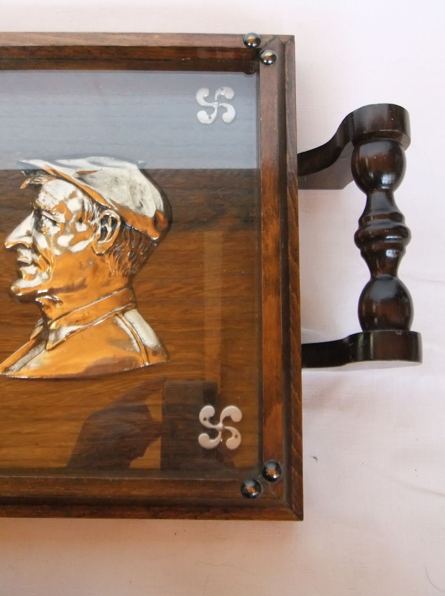 Basque service tray cross character under glass wood vintage handles painting