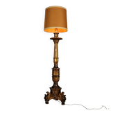 Antique wooden candlestick in gilded wood and fabric, Italy, 19th century.