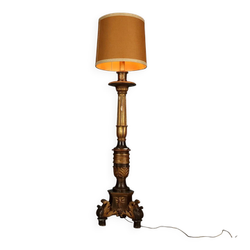 Antique wooden candlestick in gilded wood and fabric, Italy, 19th century.