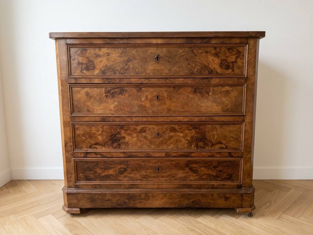 Antique walnut chest of drawers with 4 drawers.