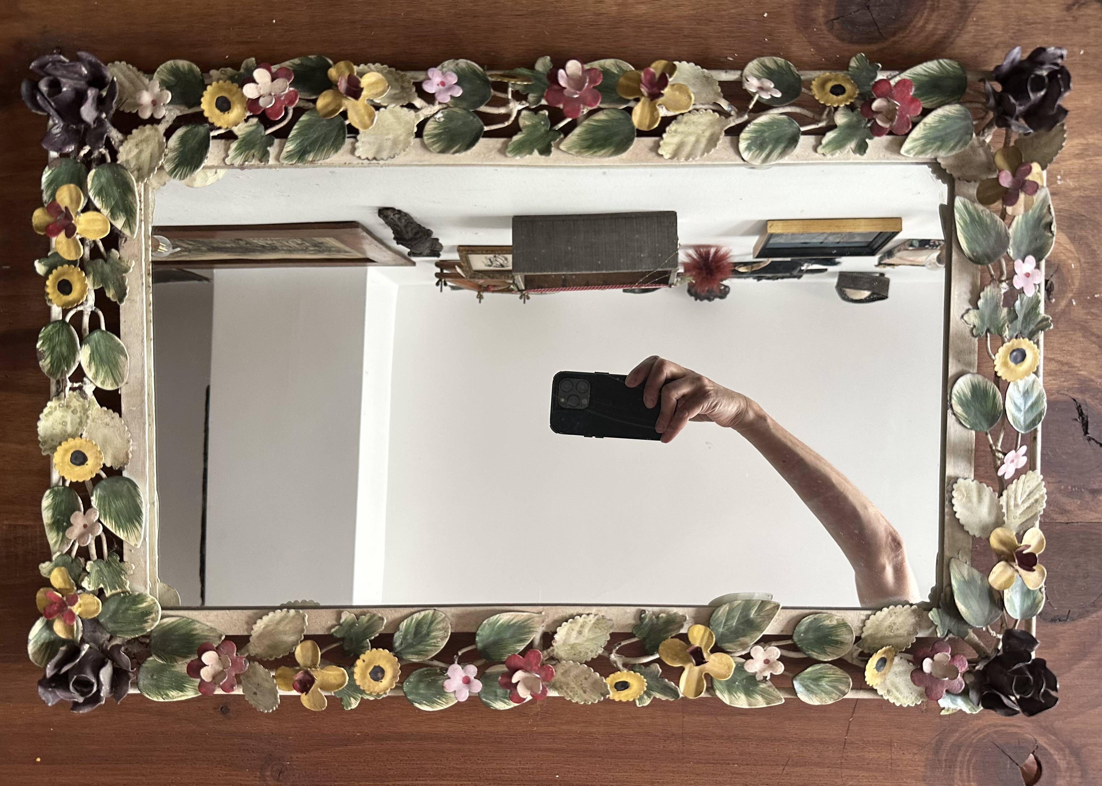 Italian wall mirror in polychrome floral metal, 1950s