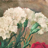 Tableau ancien bouquet de roses et oeillets 1900