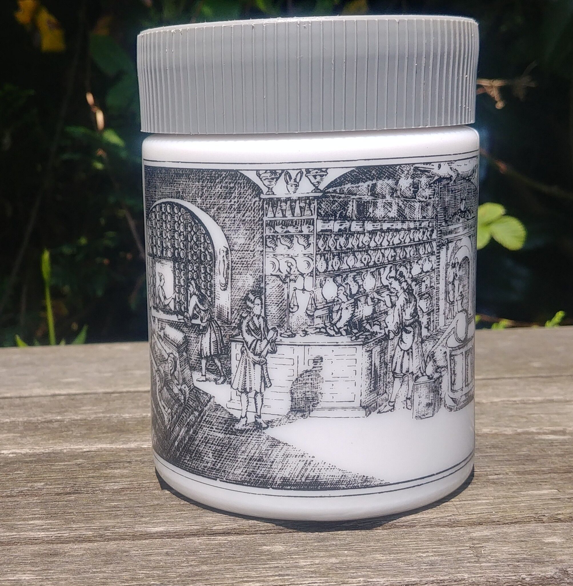 Antique pot in white opaline decorated with apothecary scene