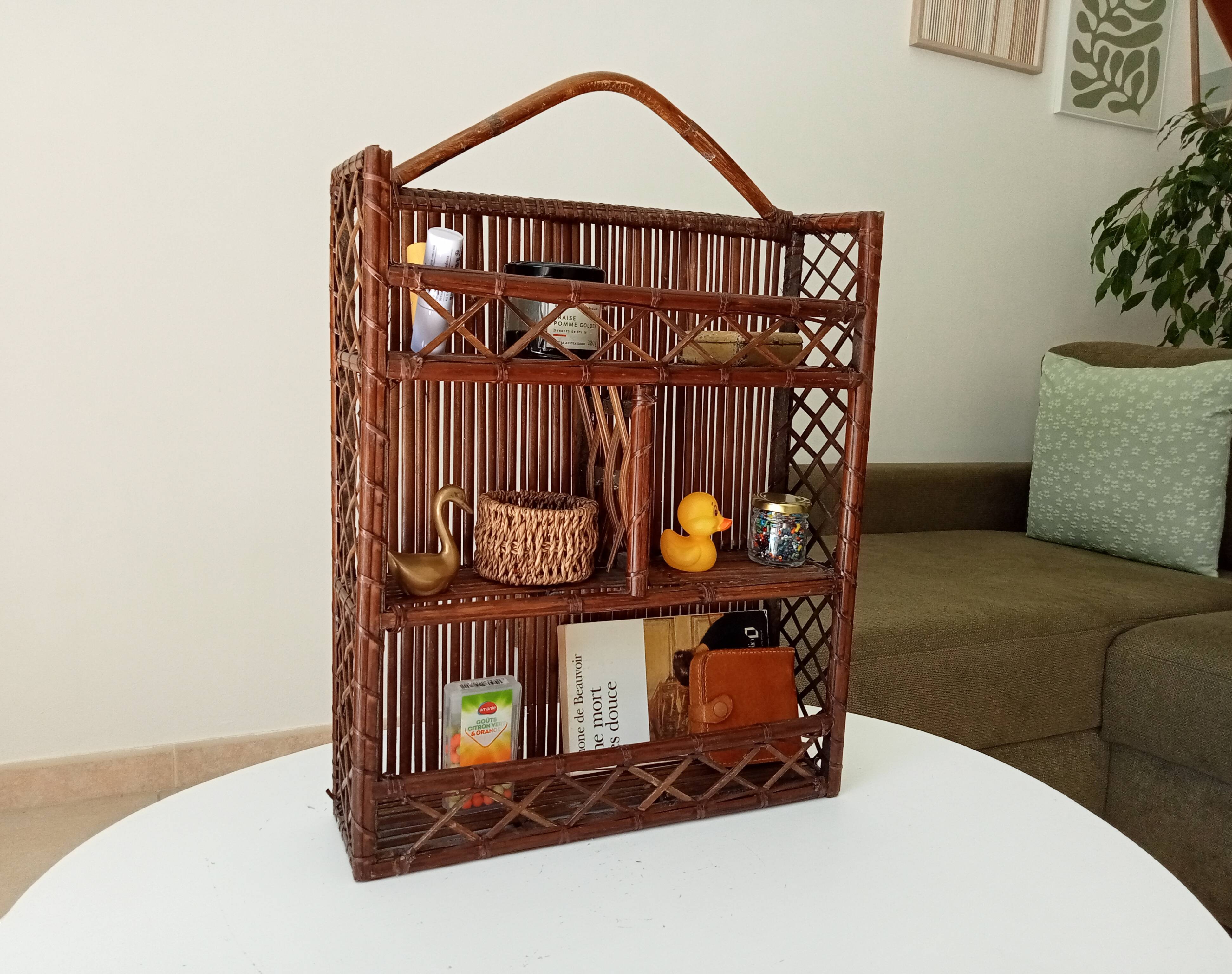 Vintage bamboo and rattan wall shelf from the 70s