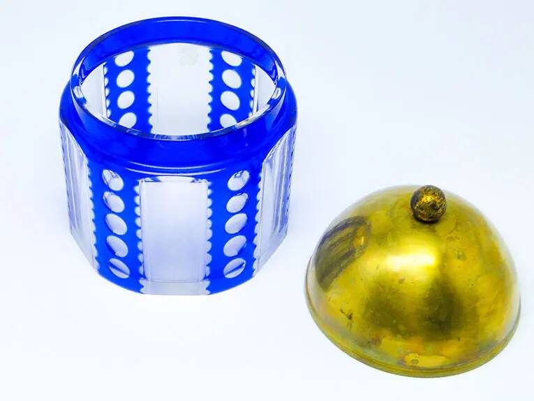 Art Deco bonbonniere, double-layered glass, brass, Germany, 1930s