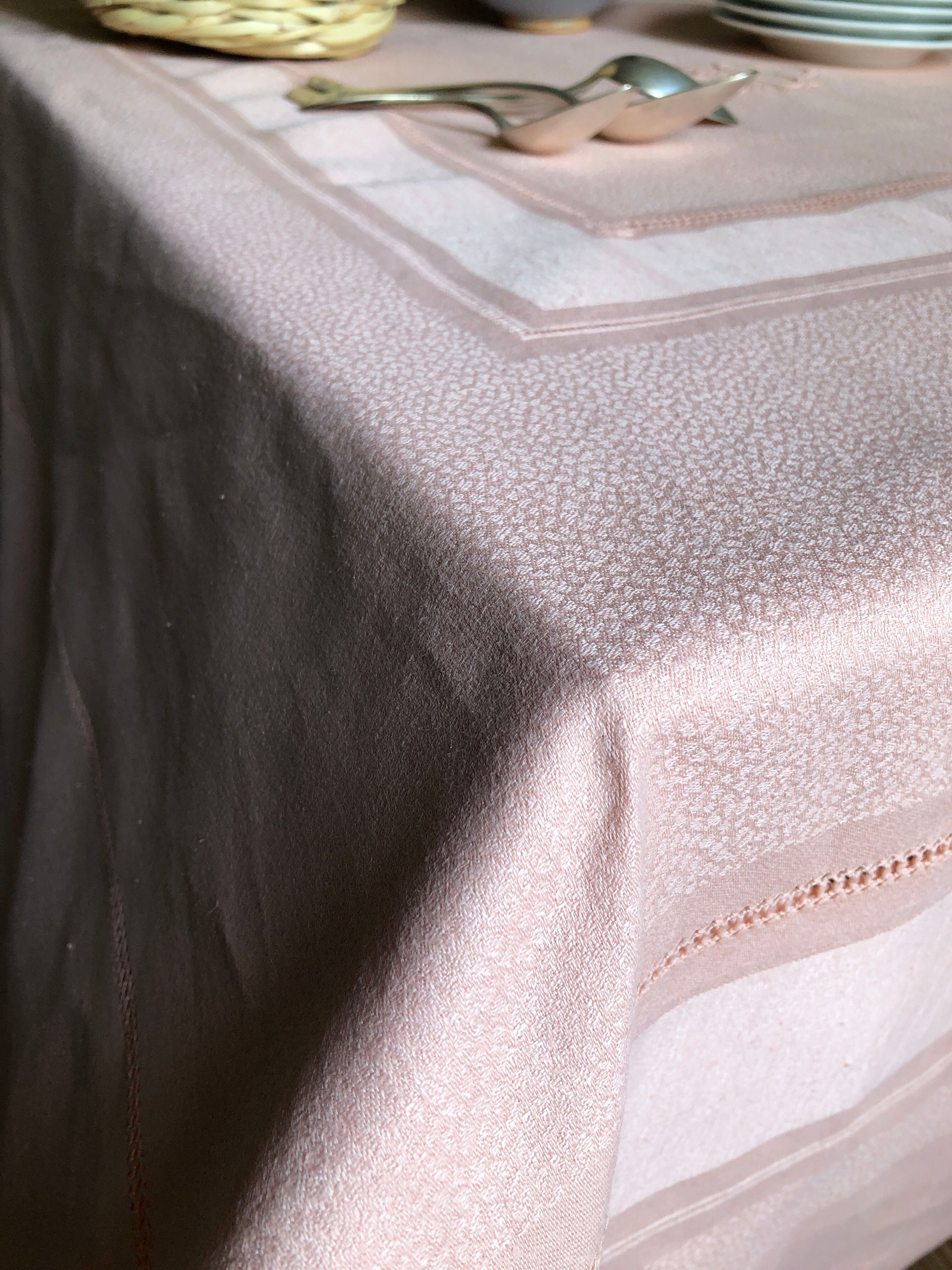 Old damsed tablecloth in linen and silk coral