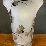 Vase Daum Nancy France - Oiseau Branché Réserve with acid enhanced with black enamel
