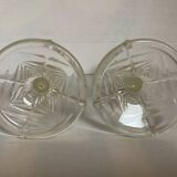 Pair of geometric art deco molded glass candlesticks