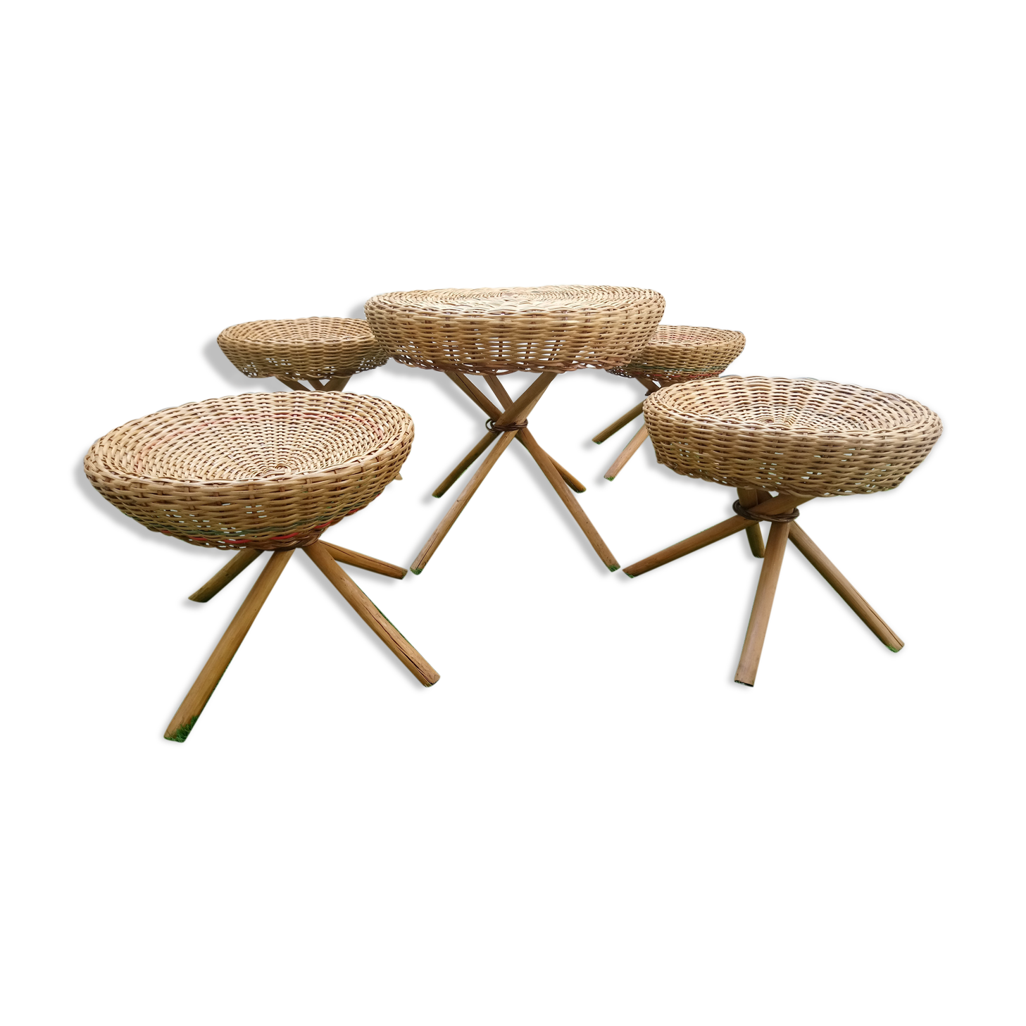 Summer Lounge 4 stools and coffee table Wicker of the 1960s