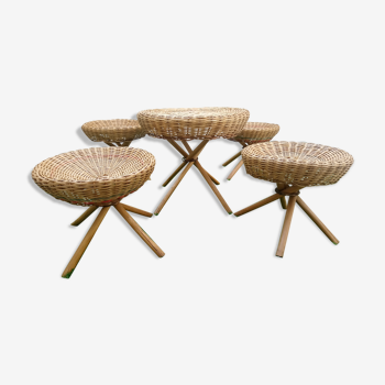 Summer Lounge 4 stools and coffee table Wicker of the 1960s