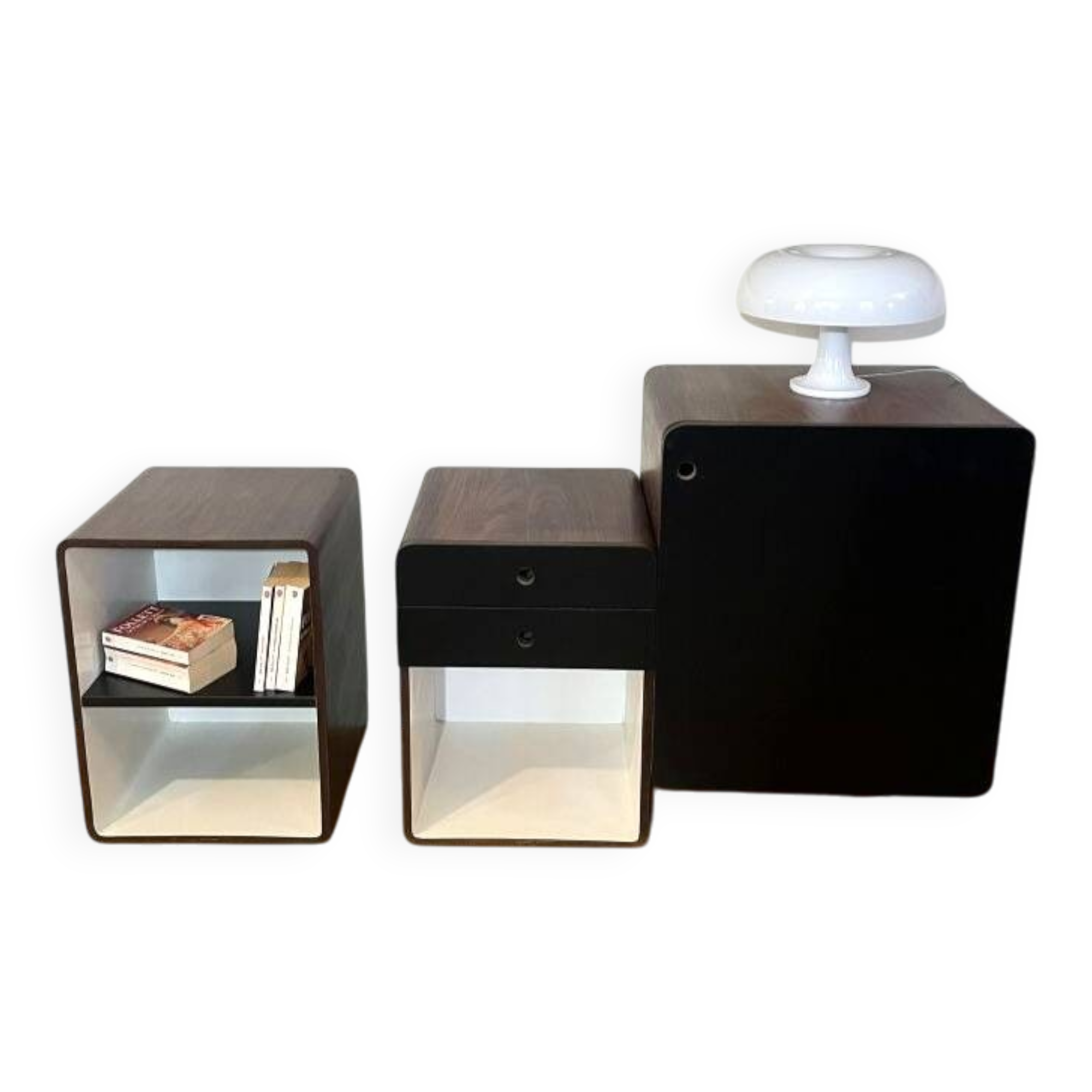 Vintage 1970s Space Age bedside tables in wood and black.